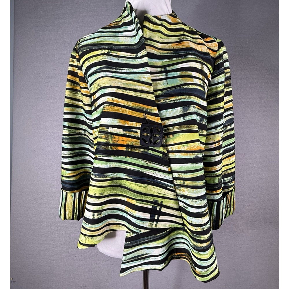IC by Connie K Watercolor Stripe One Button Jacket Womens S Green Black Abstract